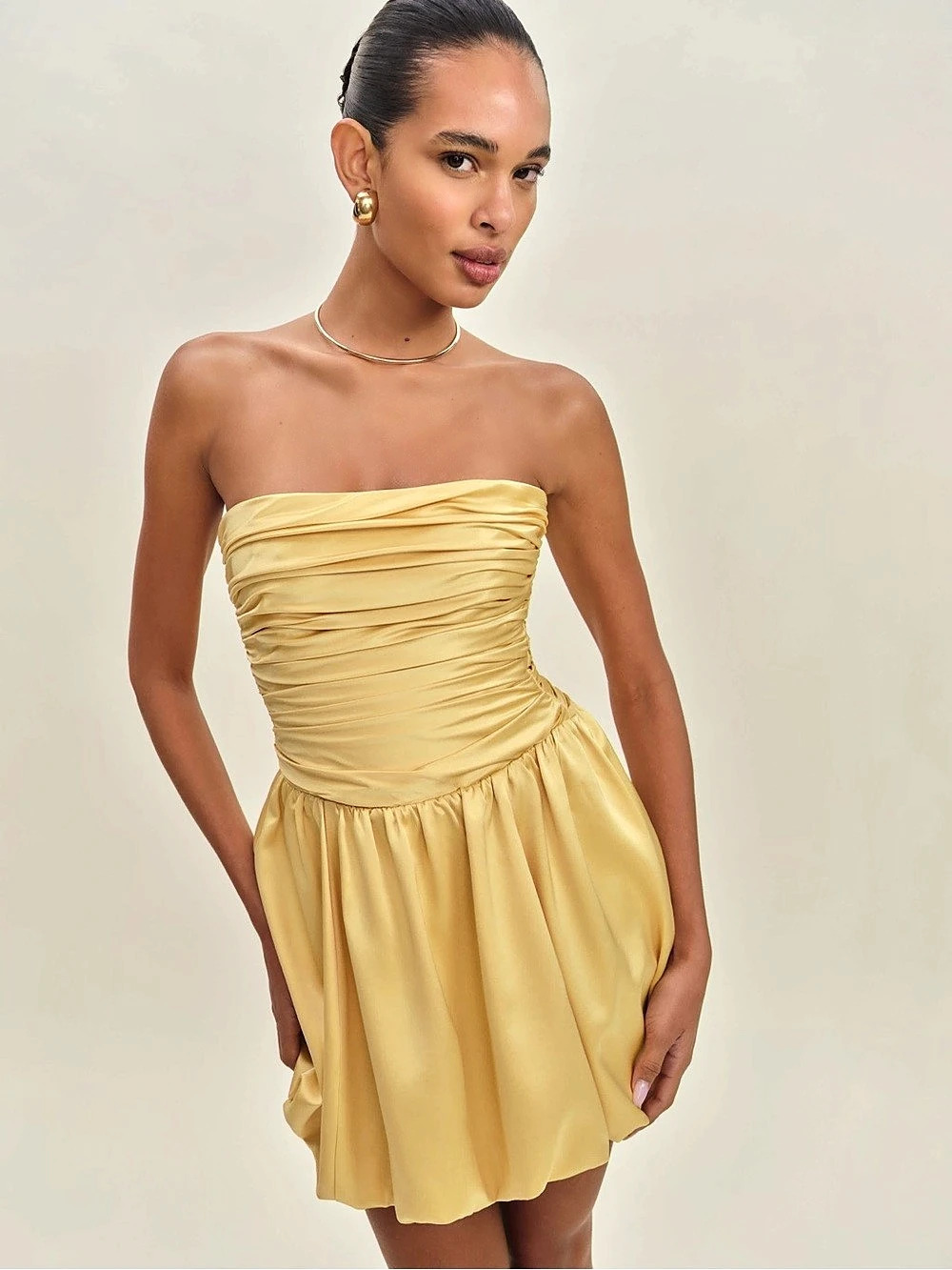 Reformation Clea Dress Strapless Ruched Mini Dress Yellow
